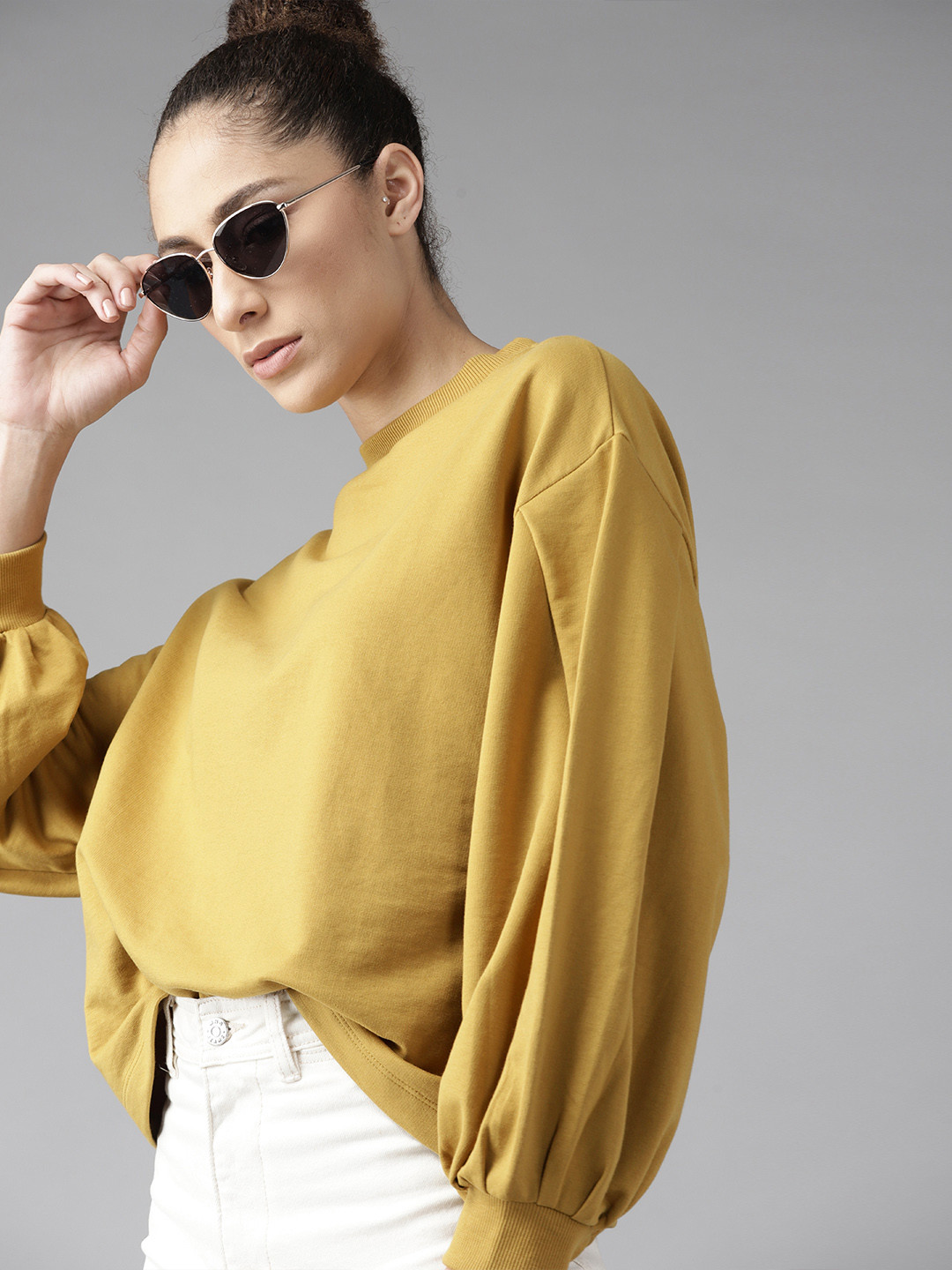 

Roadster Women Mustard Yellow Solid Balloon Sleeves Sweatshirt