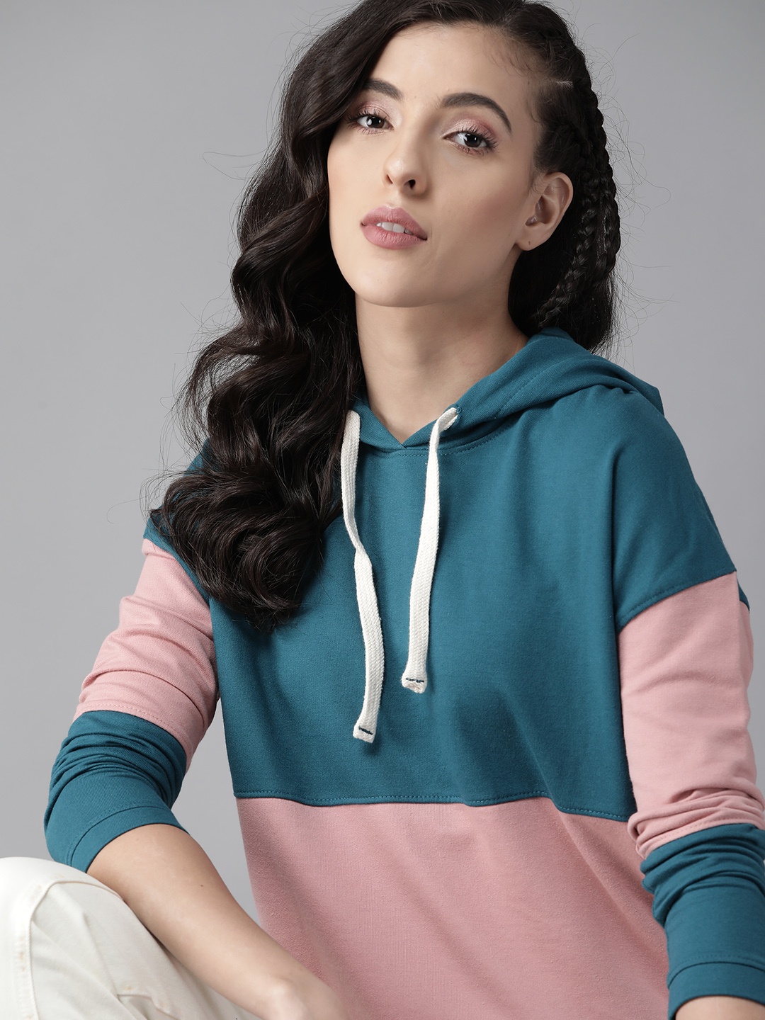 

Roadster Women Teal Green & Pink Colourblocked Hooded Sweatshirt