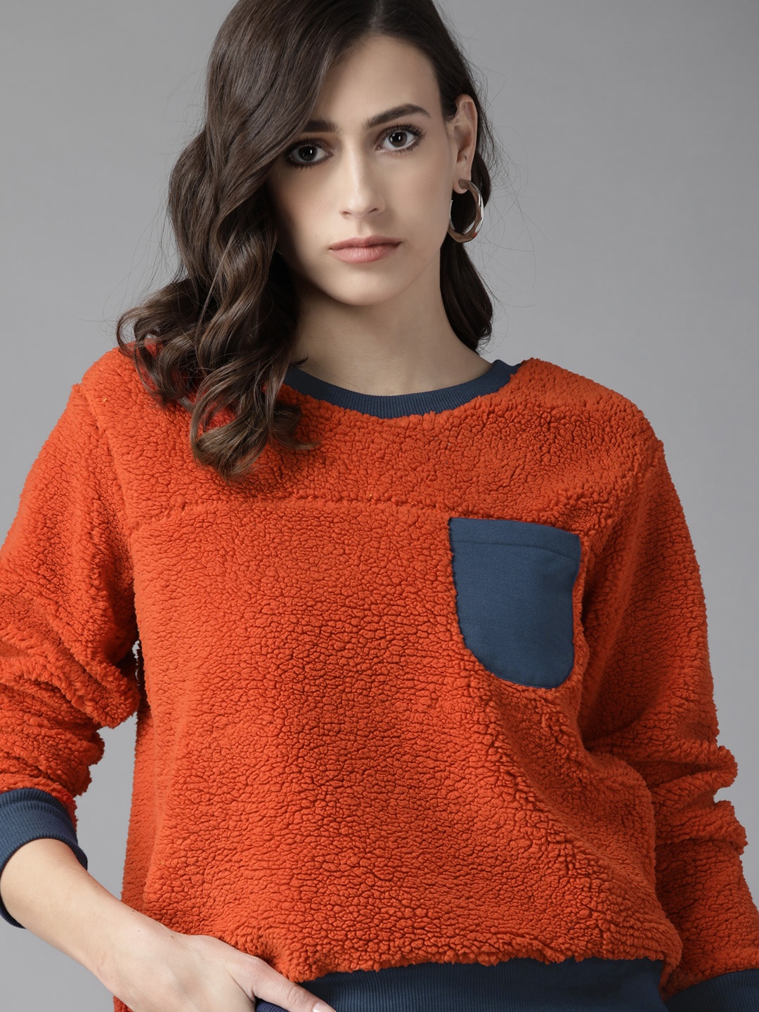 

Roadster Women Rust Orange Sherpa Sweatshirt With Pocket Detail