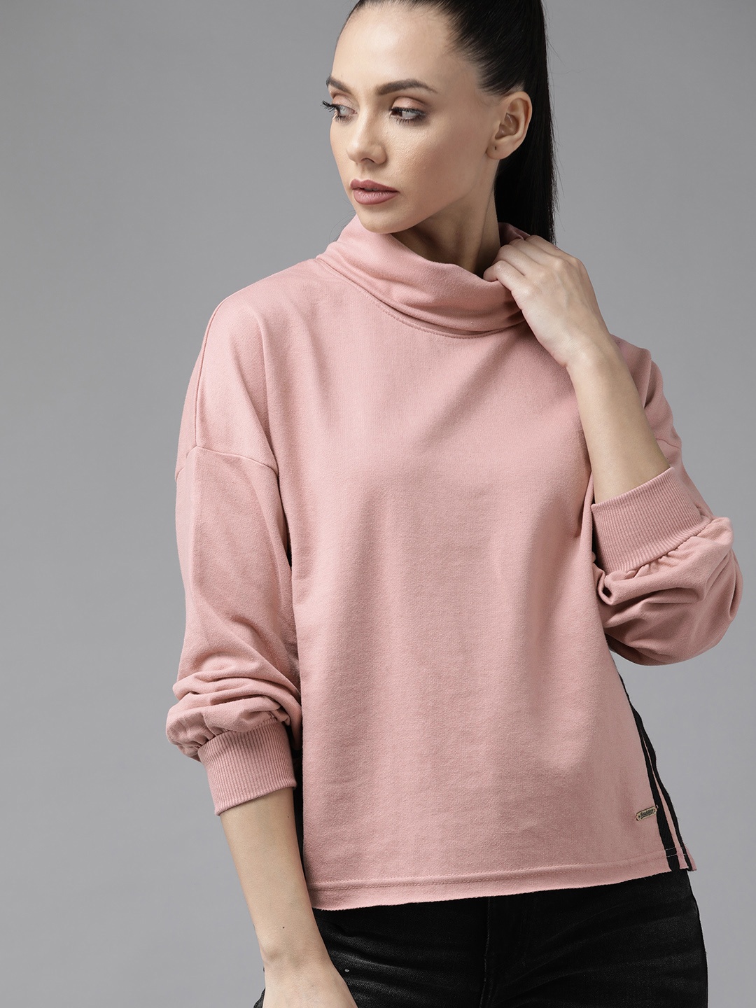 

Roadster Women Pink Solid Sweatshirt with Contrast Side Taping