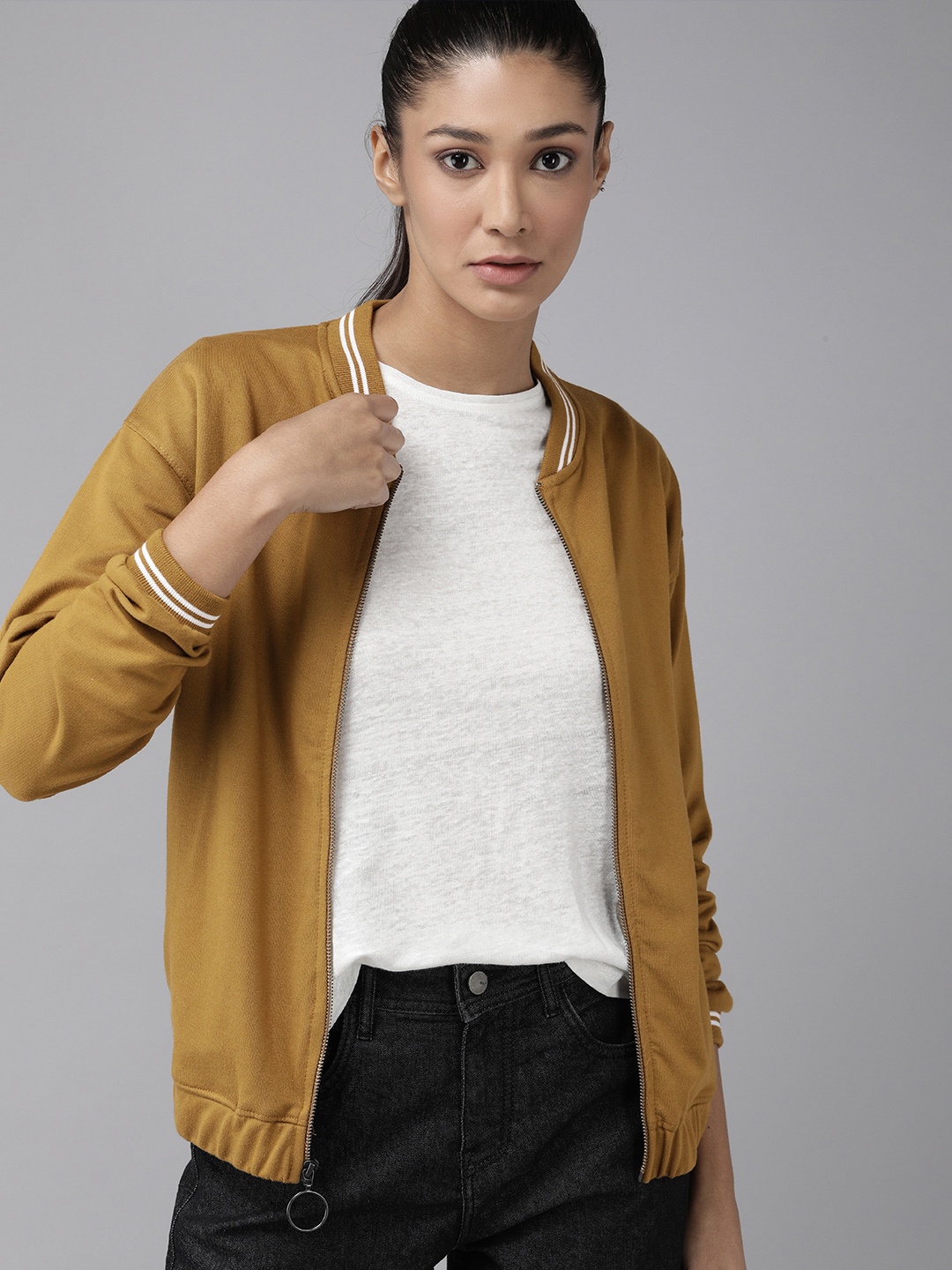

Roadster Women Brown Solid Bomber Sweatshirt