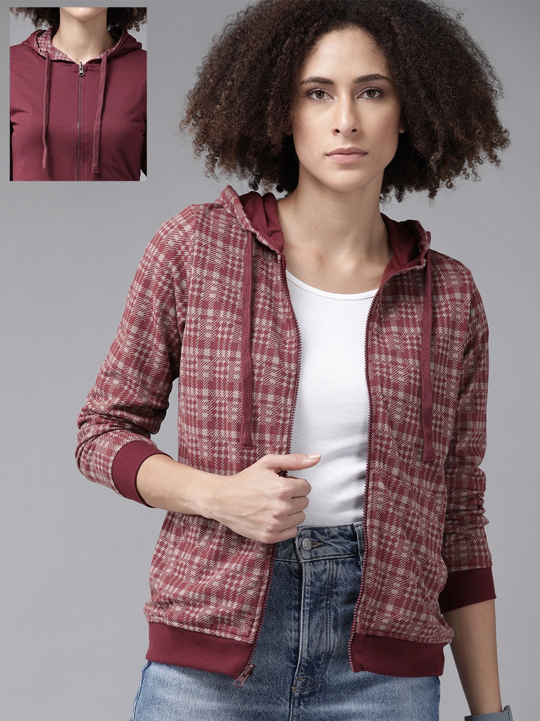 

Roadster Women Burgundy & Mauve Checked Reversible Hooded Sweatshirt