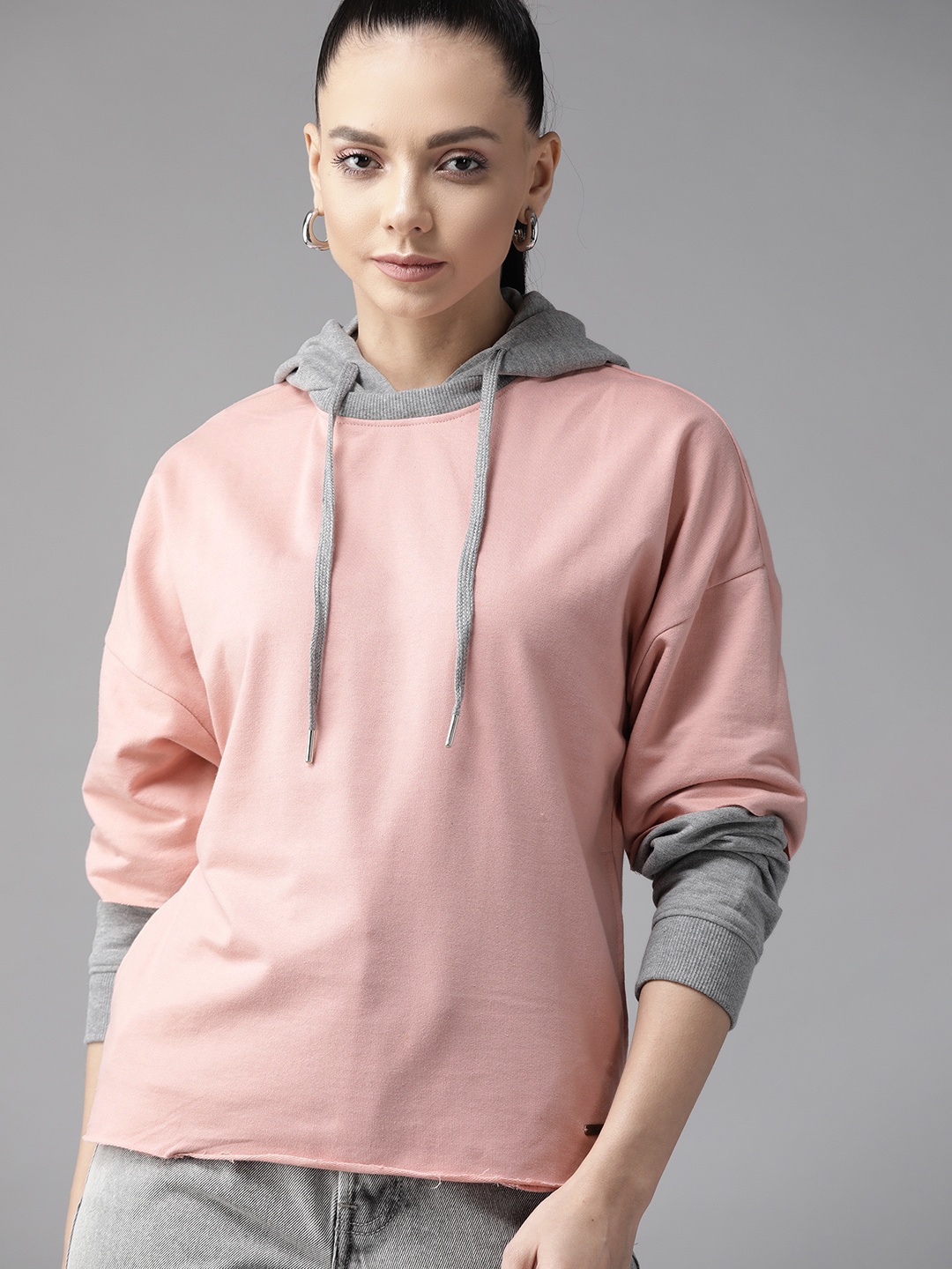 

Roadster Women Pink & Grey Melange Hooded Sweatshirt