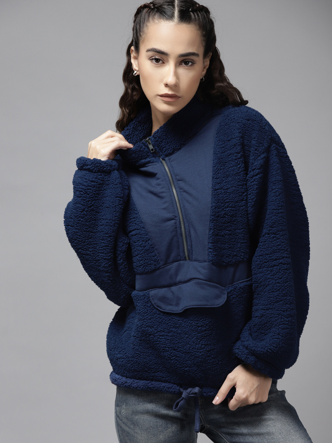 

Roadster Women Navy Blue Solid Sherpa Sweatshirt