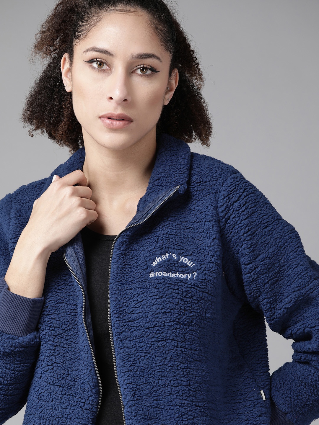 

Roadster Women Navy Blue Faux Sherpa Solid Sweatshirt
