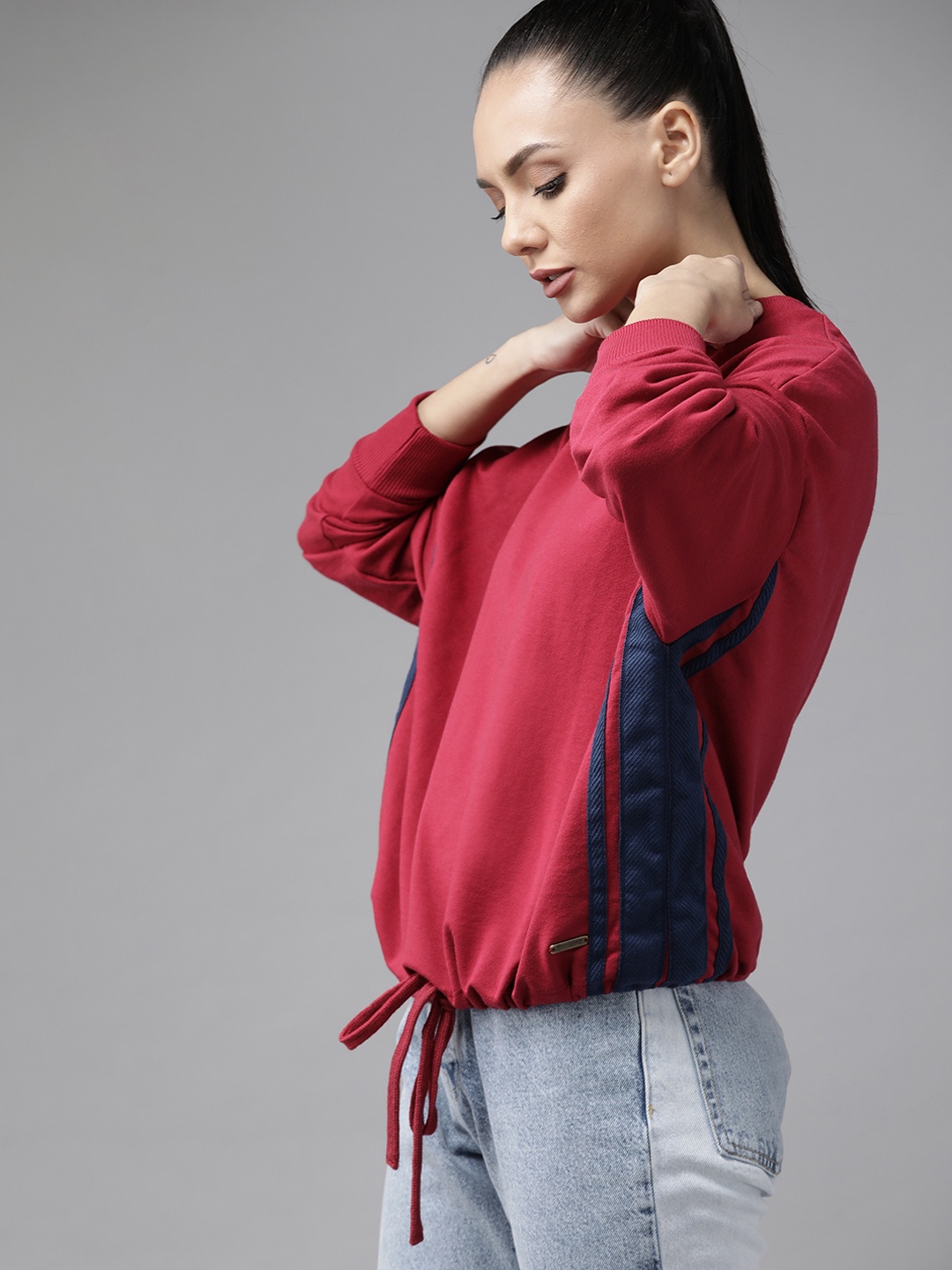 

Roadster Women Pink Solid Sweatshirt with Contrast Side Taping