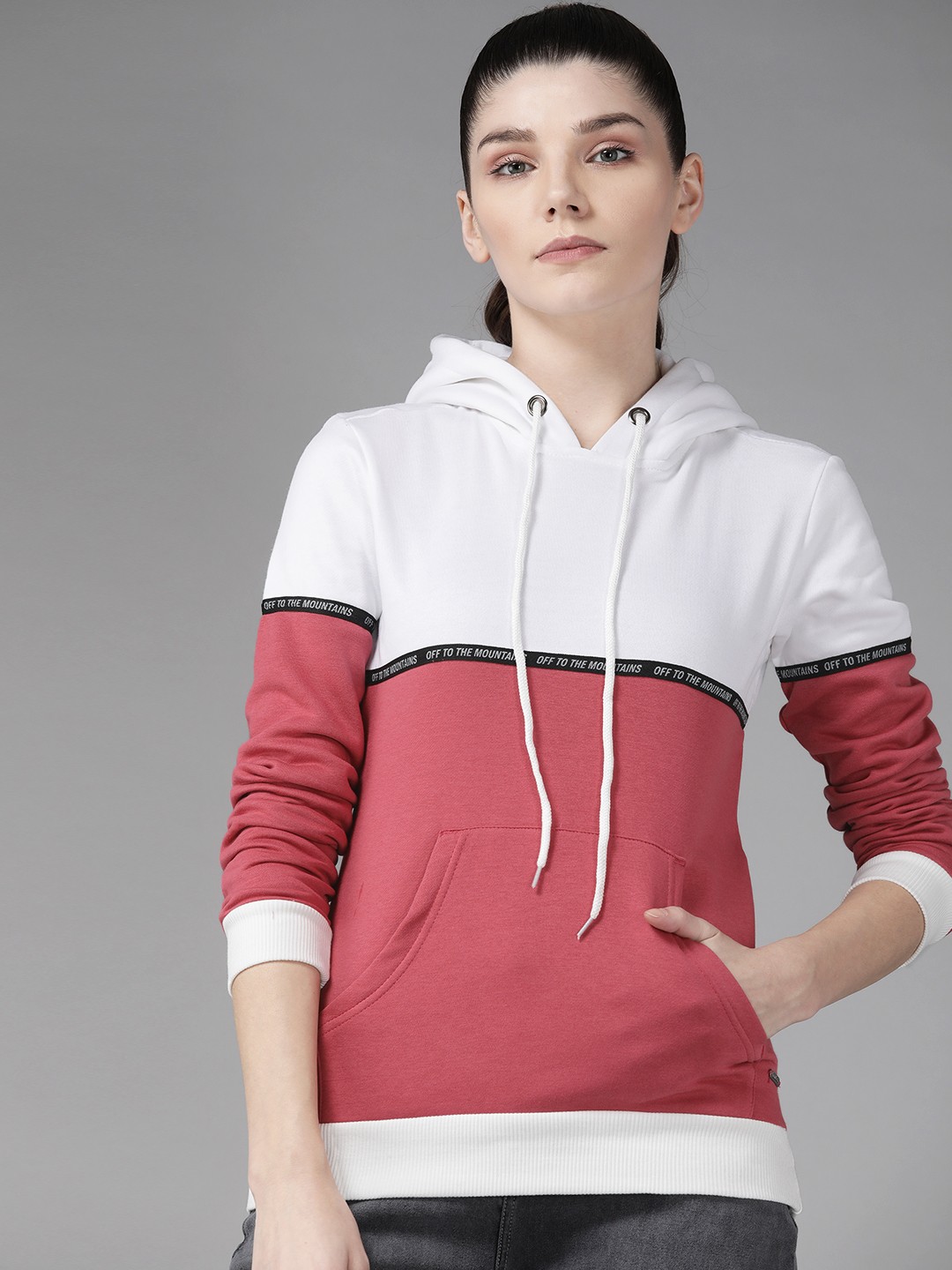 

Roadster Women White & Pink Colourblocked Hooded Sweatshirt