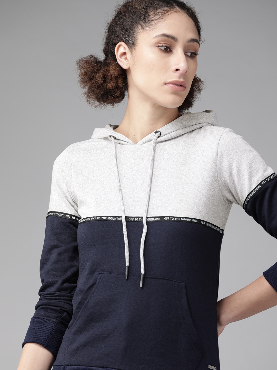 

Roadster Women Grey Melange & Navy Colourblocked Hooded Sweatshirt