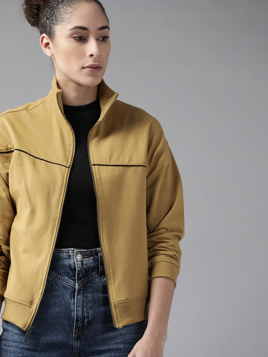 

Roadster Women Khaki Solid Sweatshirt with Piping Detail