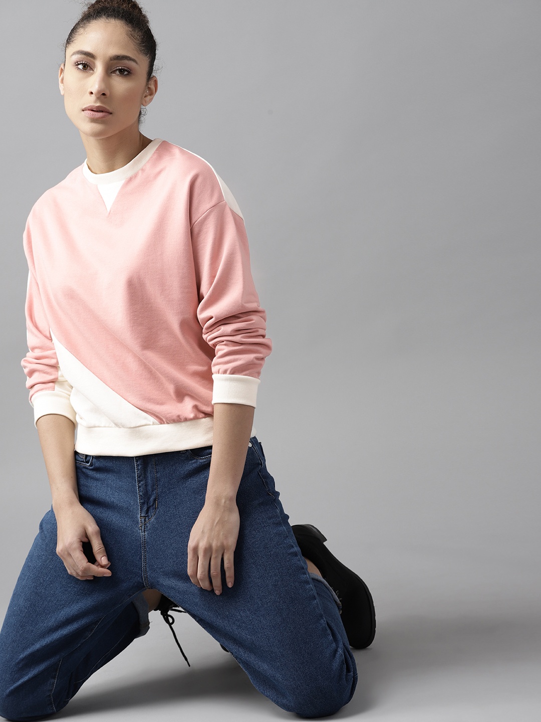 

Roadster Women Pink & White Colourblocked Sweatshirt
