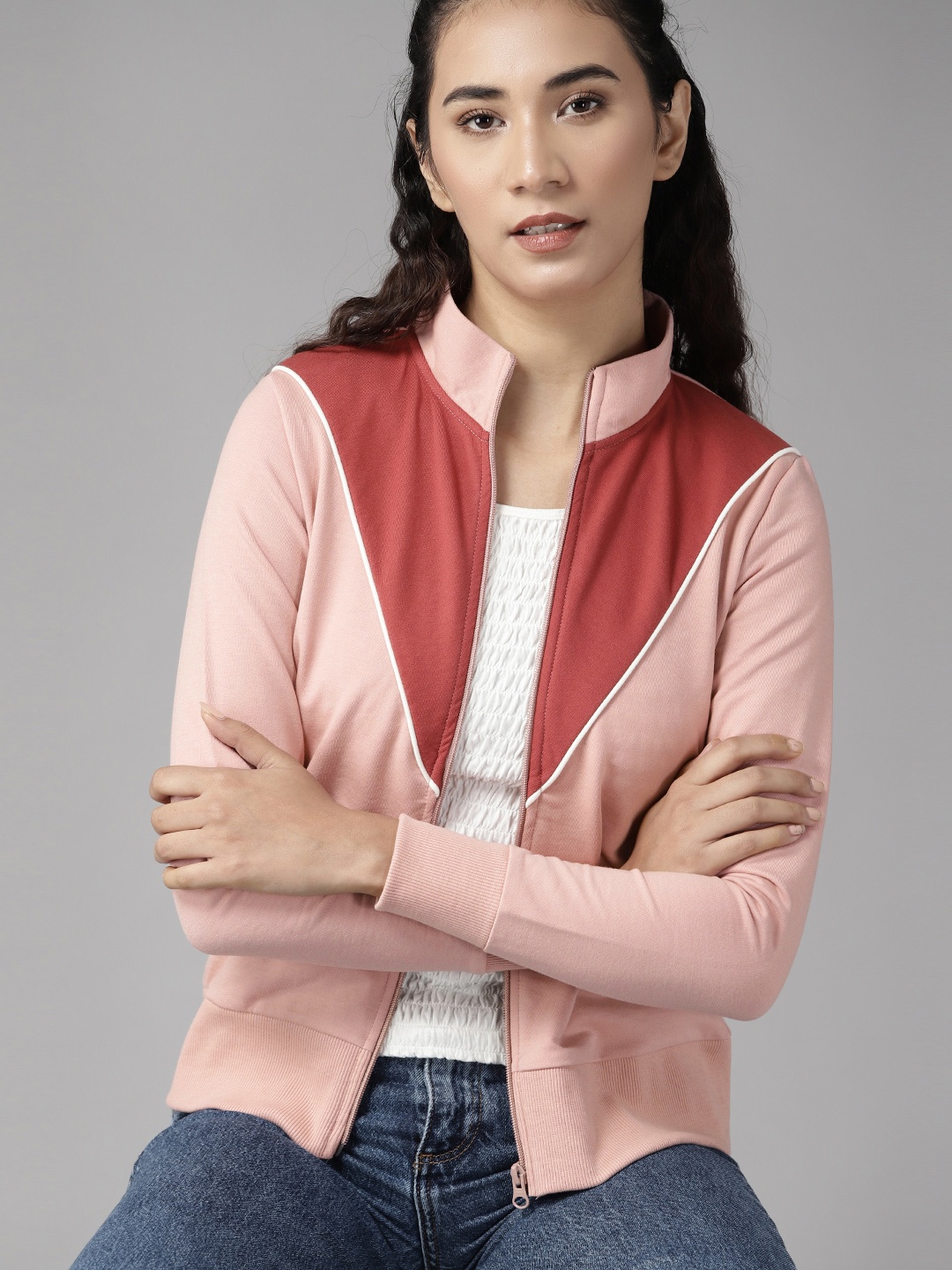 

Roadster Women Pink & Red Colourblocked Sweatshirt