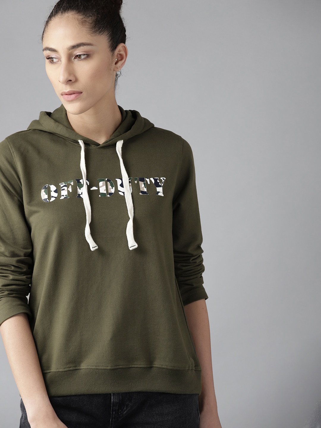 

Roadster Women Olive Green Printed Hooded Sweatshirt