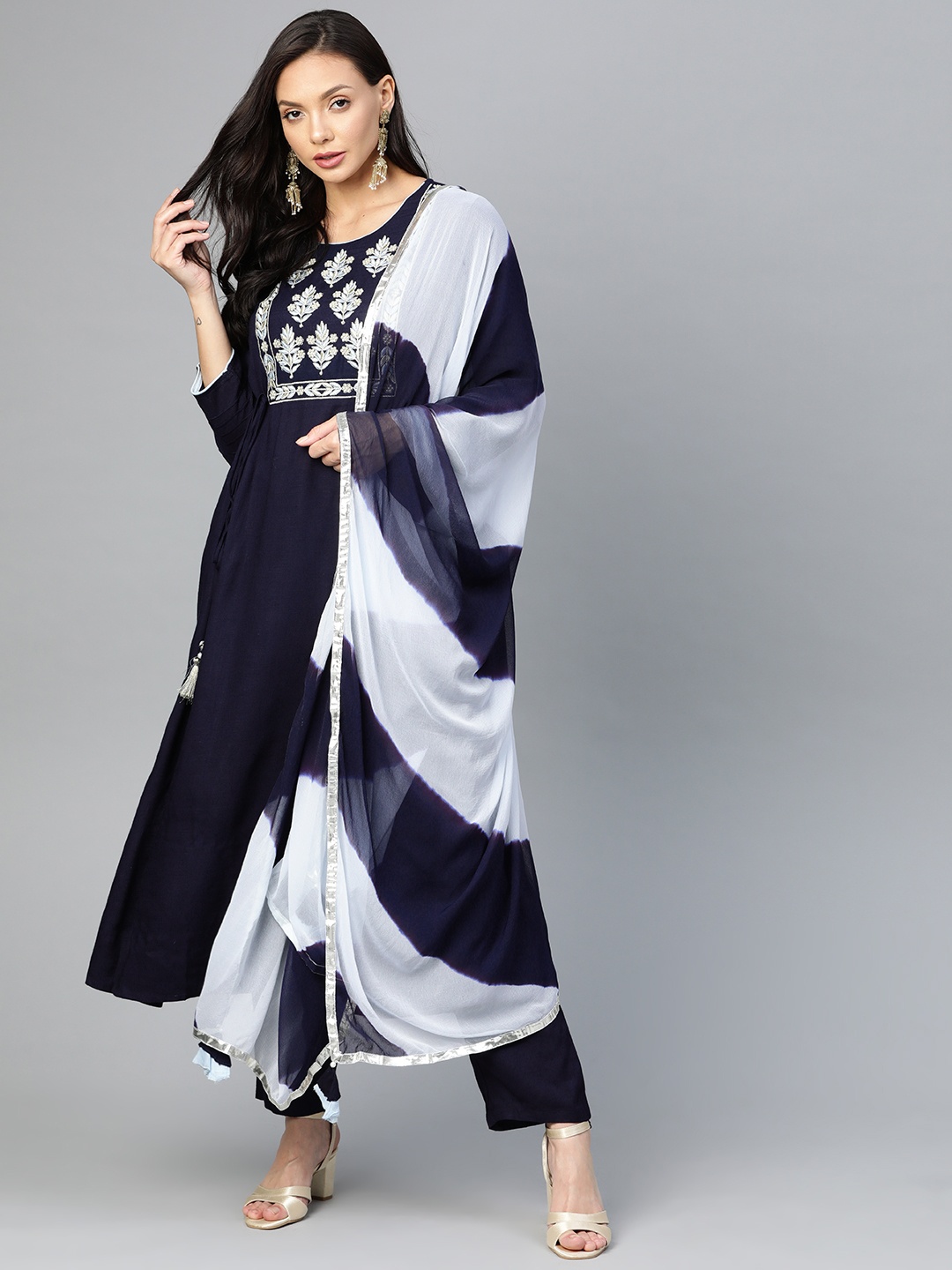 

Yuris Women Navy Blue Pure Cotton Kurta with Trousers & With Dupatta