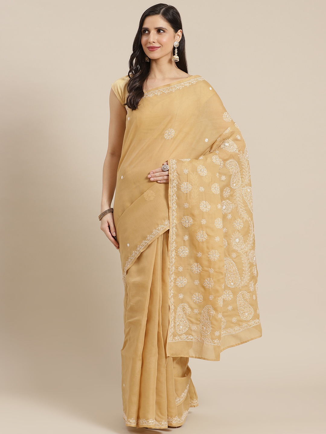 

ADA Beige & White Ethnic Motifs Chikankari Handloom Saree