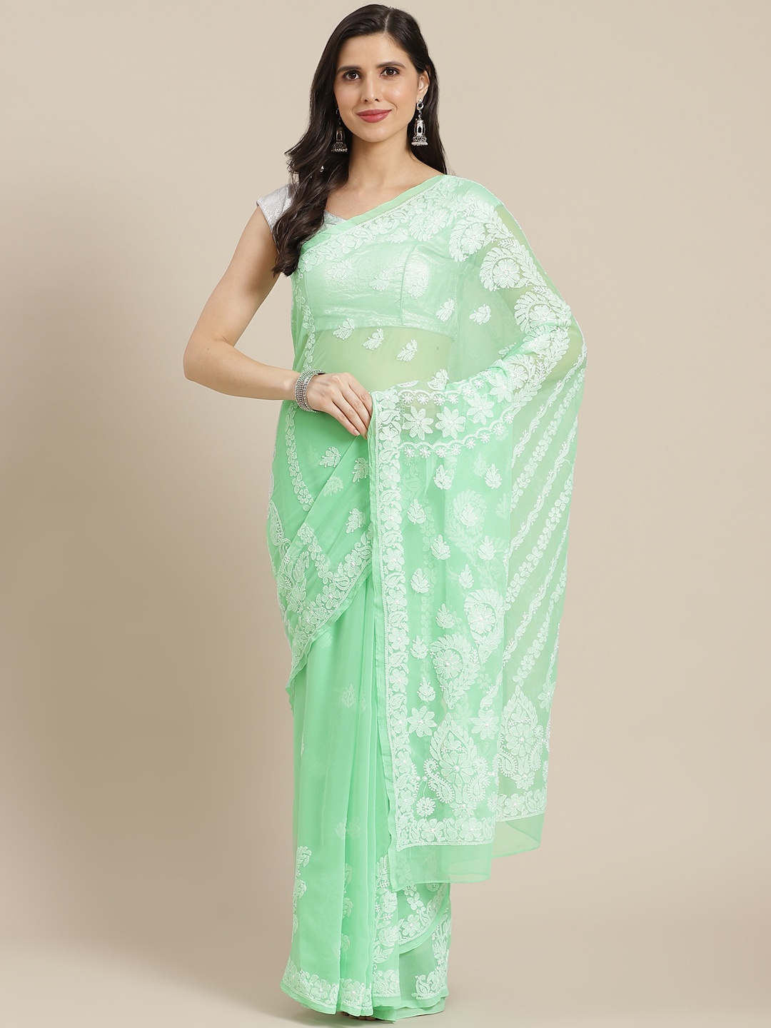 

ADA Green & White Ethnic Motifs Chikankari Handloom Saree