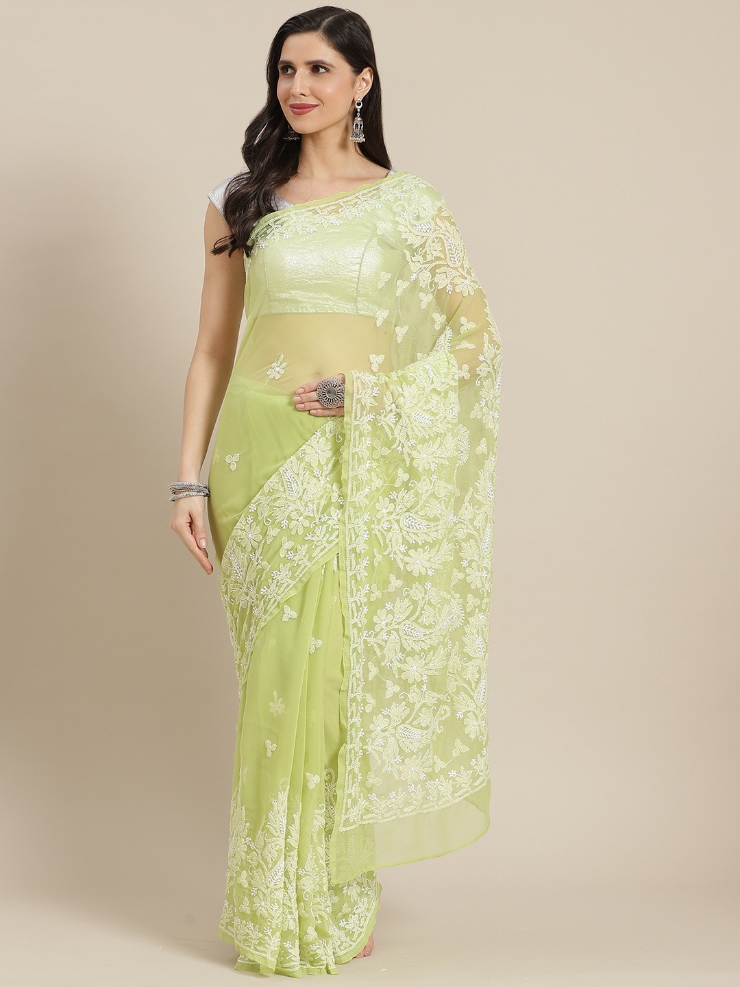 

ADA Green & White Ethnic Motifs Chikankari Saree