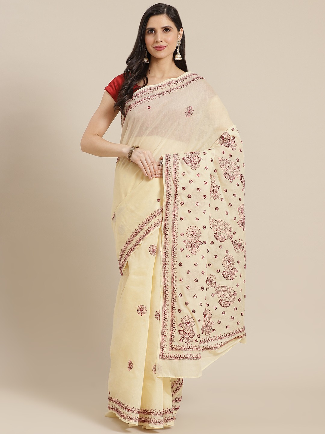 

ADA Beige & Maroon Embroidered Chikankari Handloom Saree