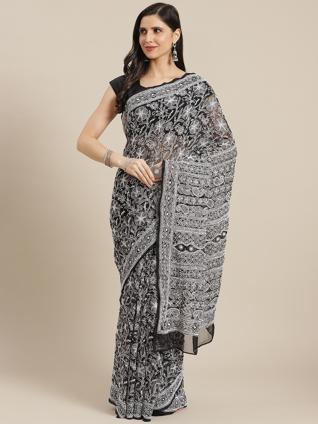 

ADA Black & Off White Embroidered Faux Georgette Chikankari Saree
