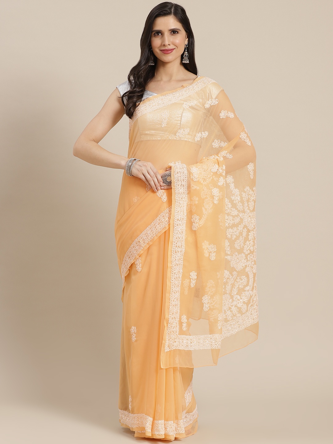 

ADA Peach & Off White Ethnic Motifs Chikankari Saree