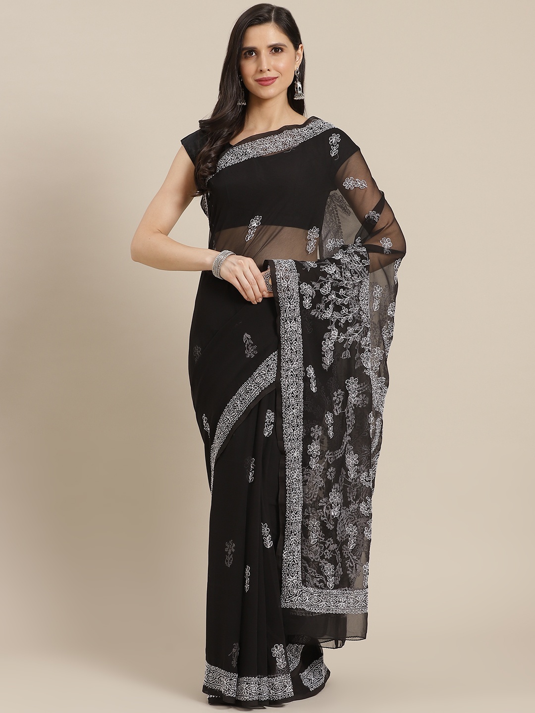 

ADA Black & White Ethnic Motifs Hand Embroidered Chikankari Sustainable Handloom Saree
