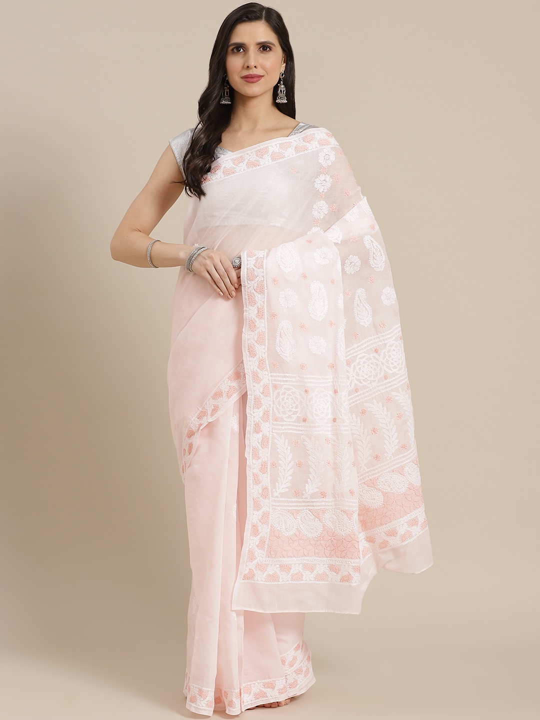 

ADA Pink & White Ethnic Motifs Hand Embroidered Chikankari Sustainable Handloom Saree