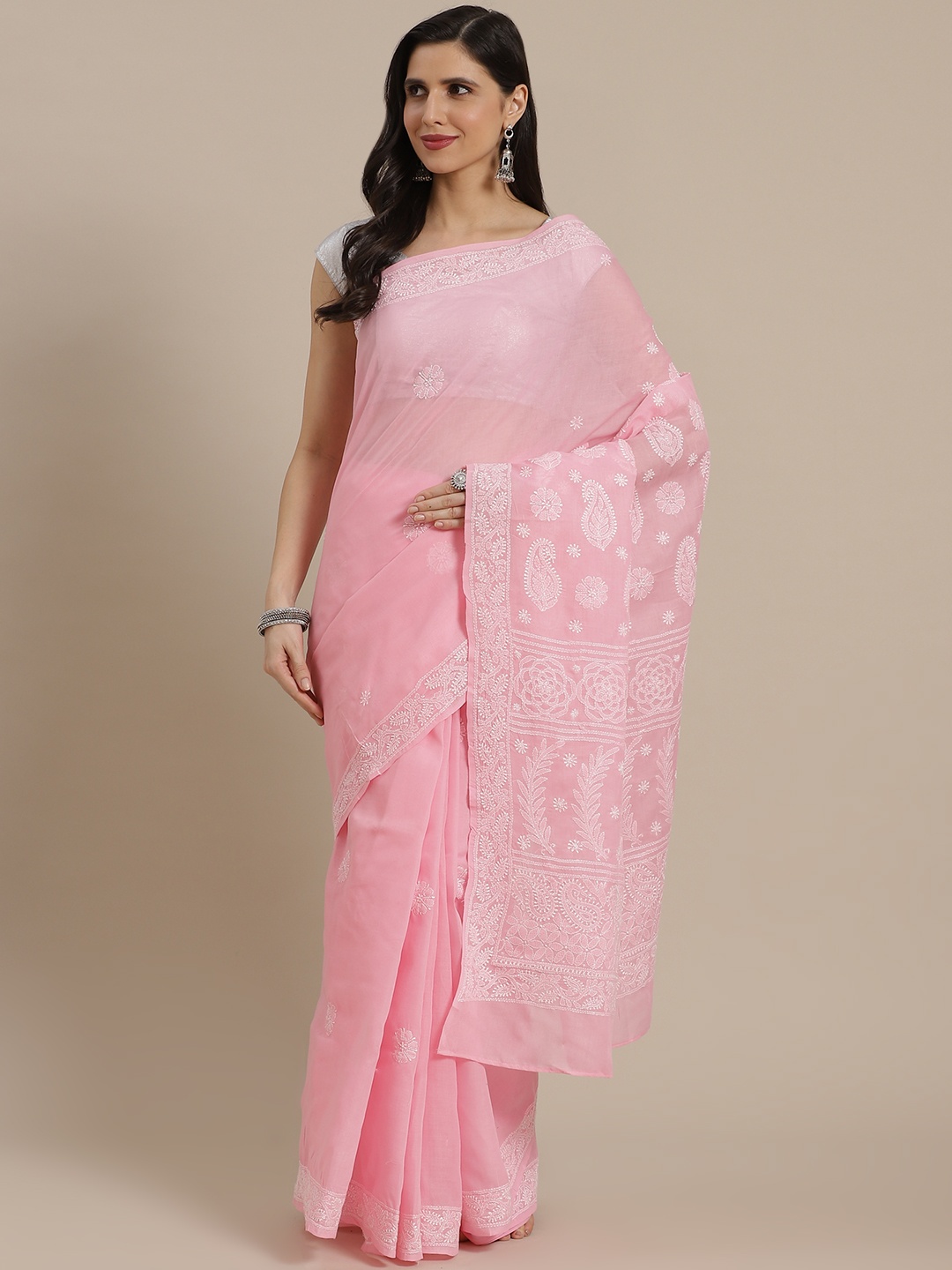 

ADA Pink & White Ethnic Motifs Chikankari Handloom Saree