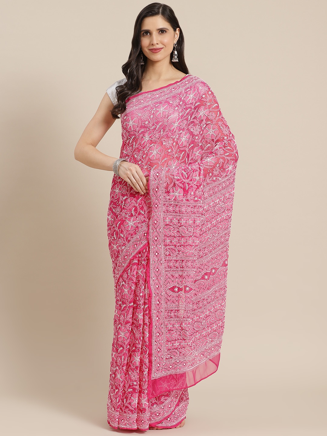 

ADA Magenta & White Ethnic Motifs Chikankari Saree