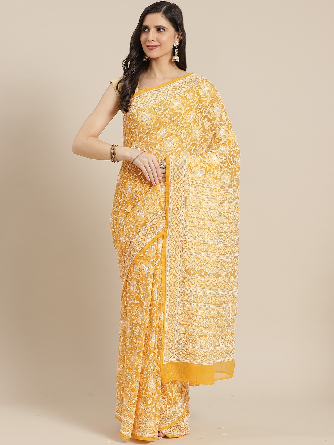 

ADA Mustard Yellow & White Ethnic Motifs Chikankari Handloom Saree