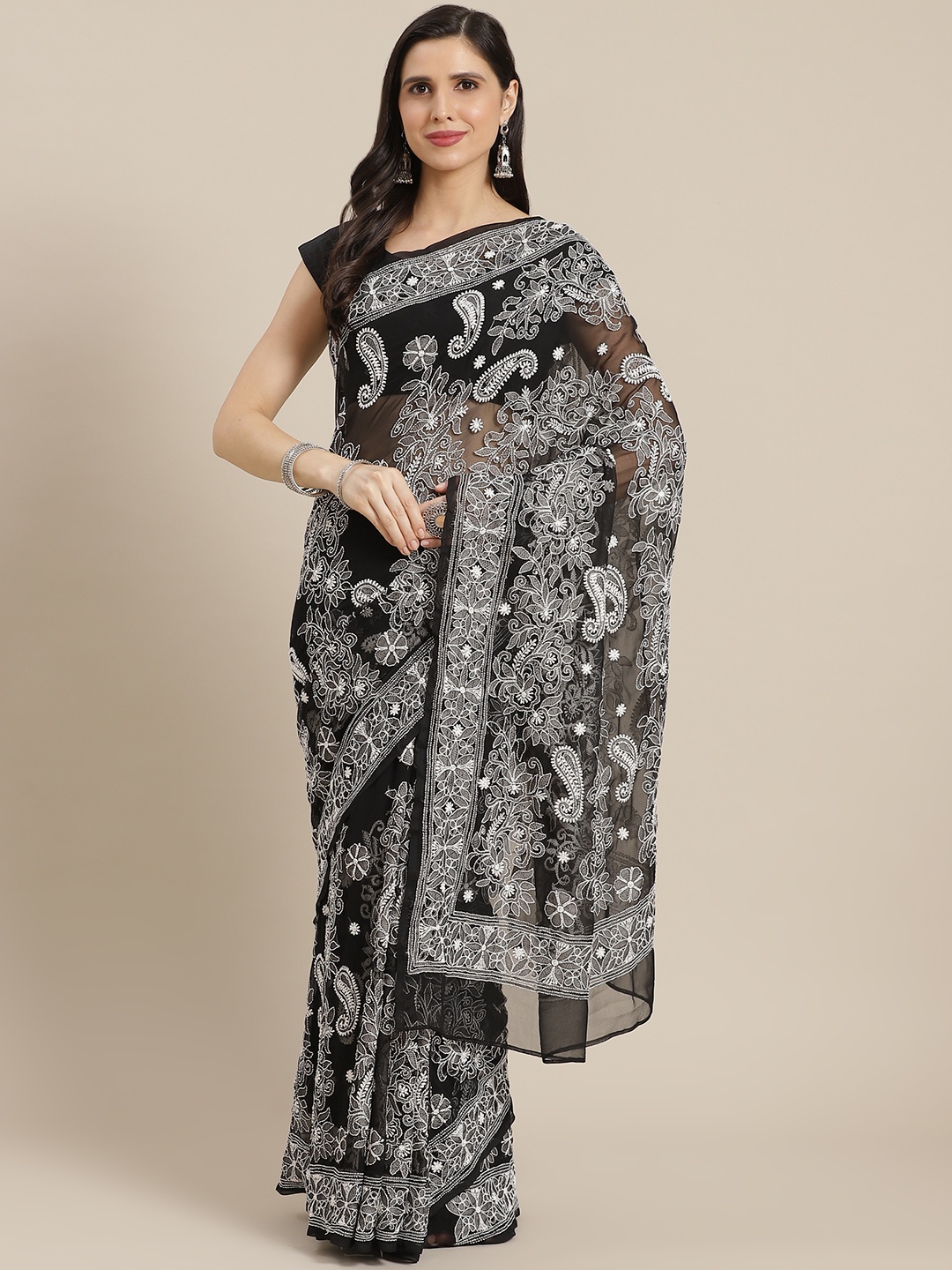 

ADA Black & Black Ethnic Motifs Chikankari Embroidered Handloom Saree