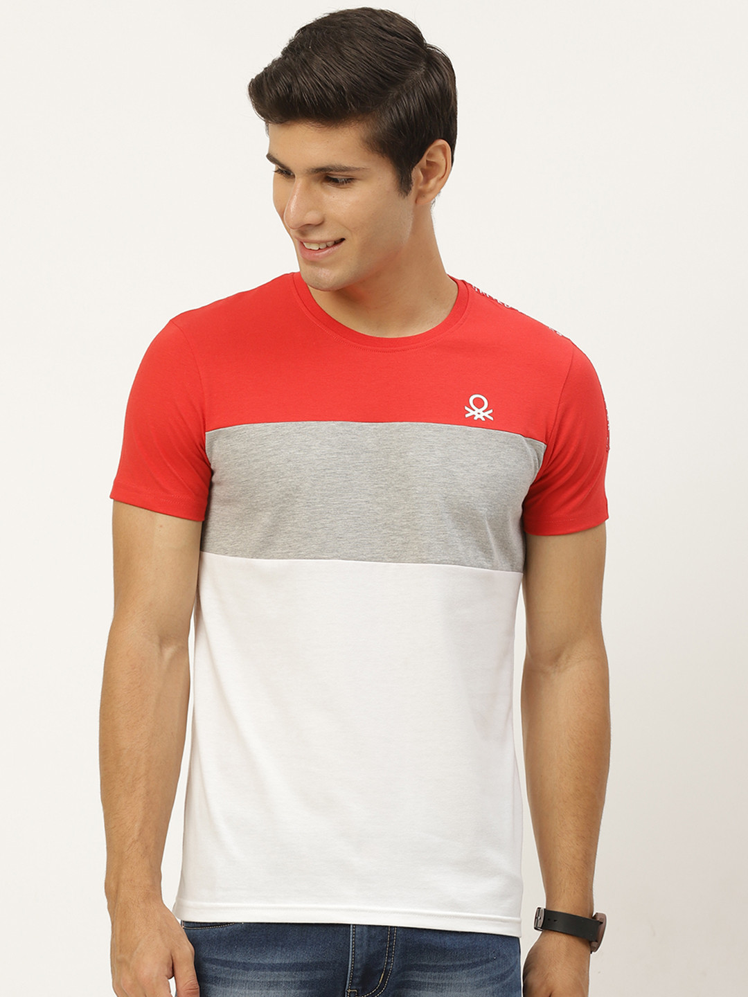 

United Colors of Benetton Men Orange & Grey Melange Colourblocked T-shirt
