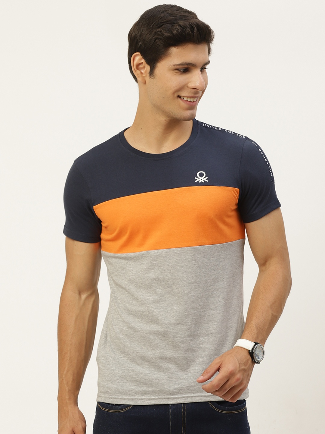

United Colors of Benetton Men Navy Blue & Orange Colourblocked T-shirt