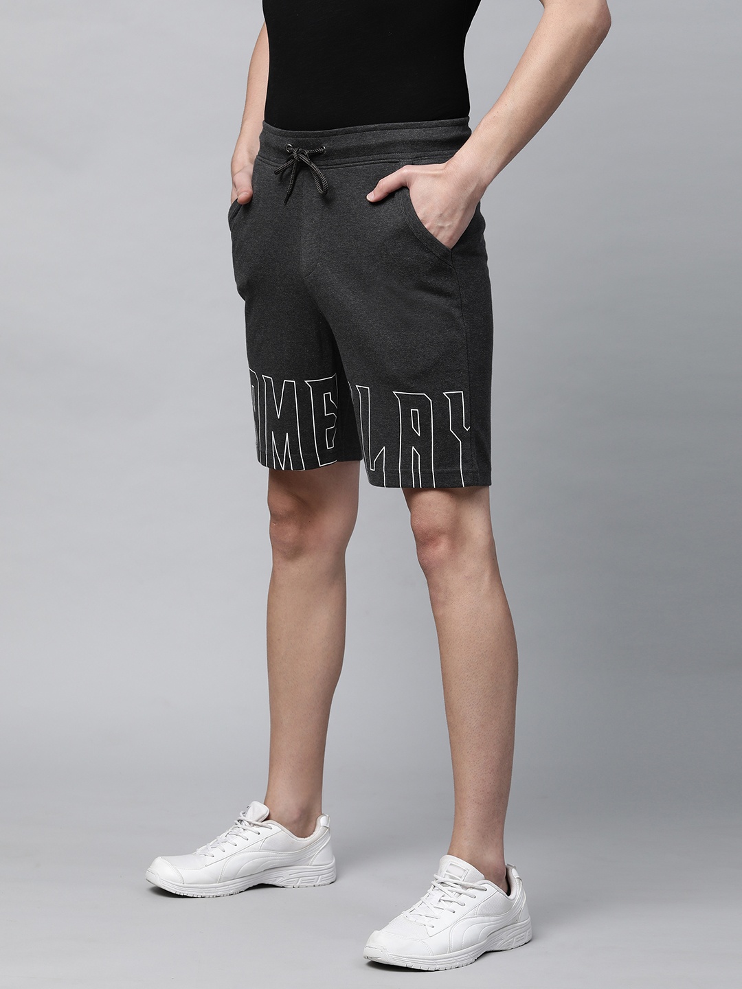 

abof Men Charcoal Grey Typography Printed Mid-Rise Regular Shorts
