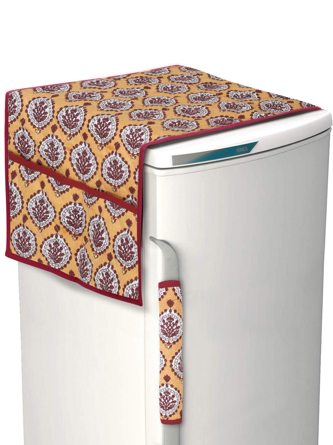 

Rajasthan Decor Mustard Yellow & Maroon Floral Print Quilted Cotton Fridge Cover