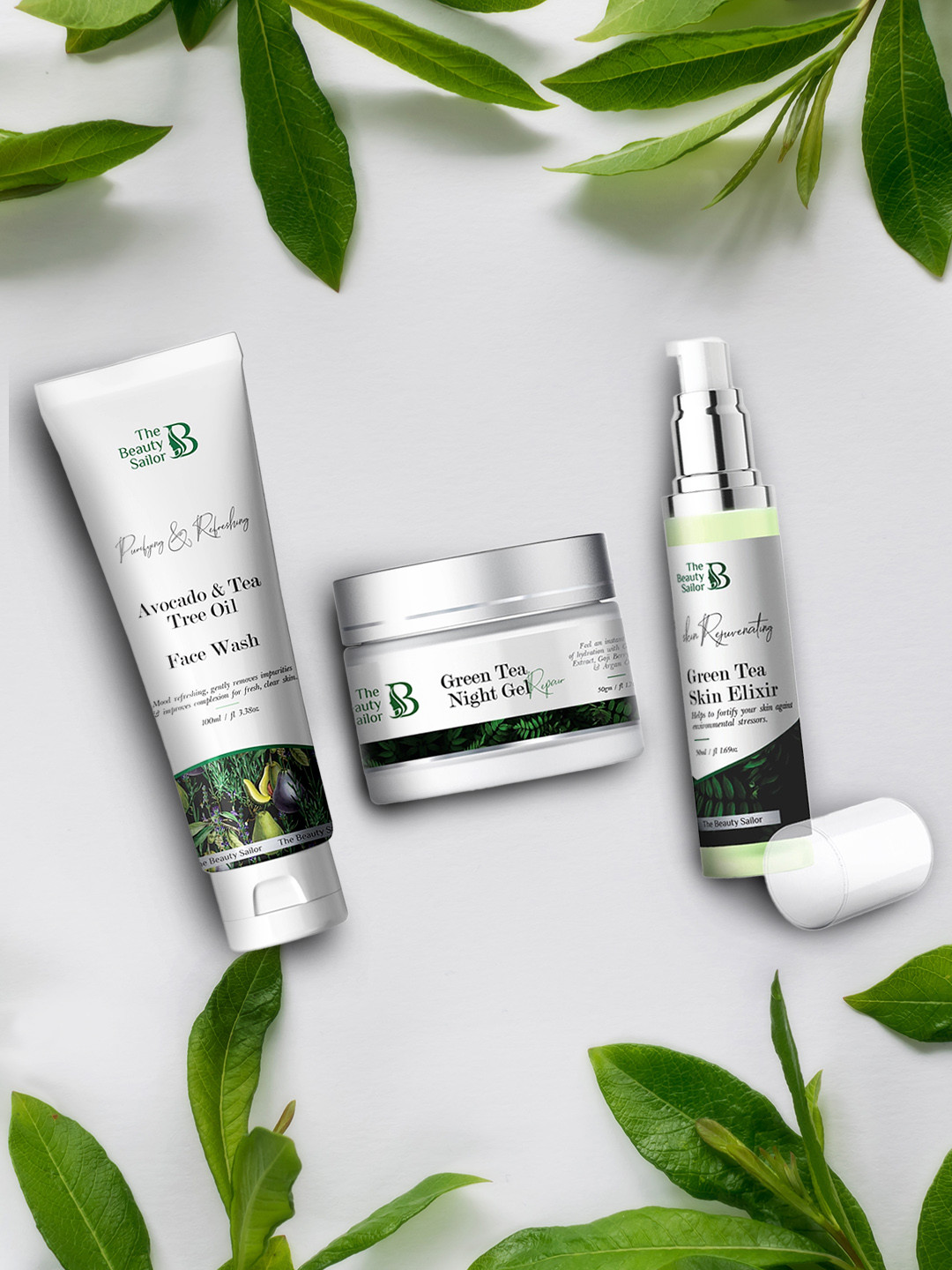 

The Beauty Sailor Avocado & Tea Tree Oil Face Wash + Green Tea Night Gel & Skin Elixir, White