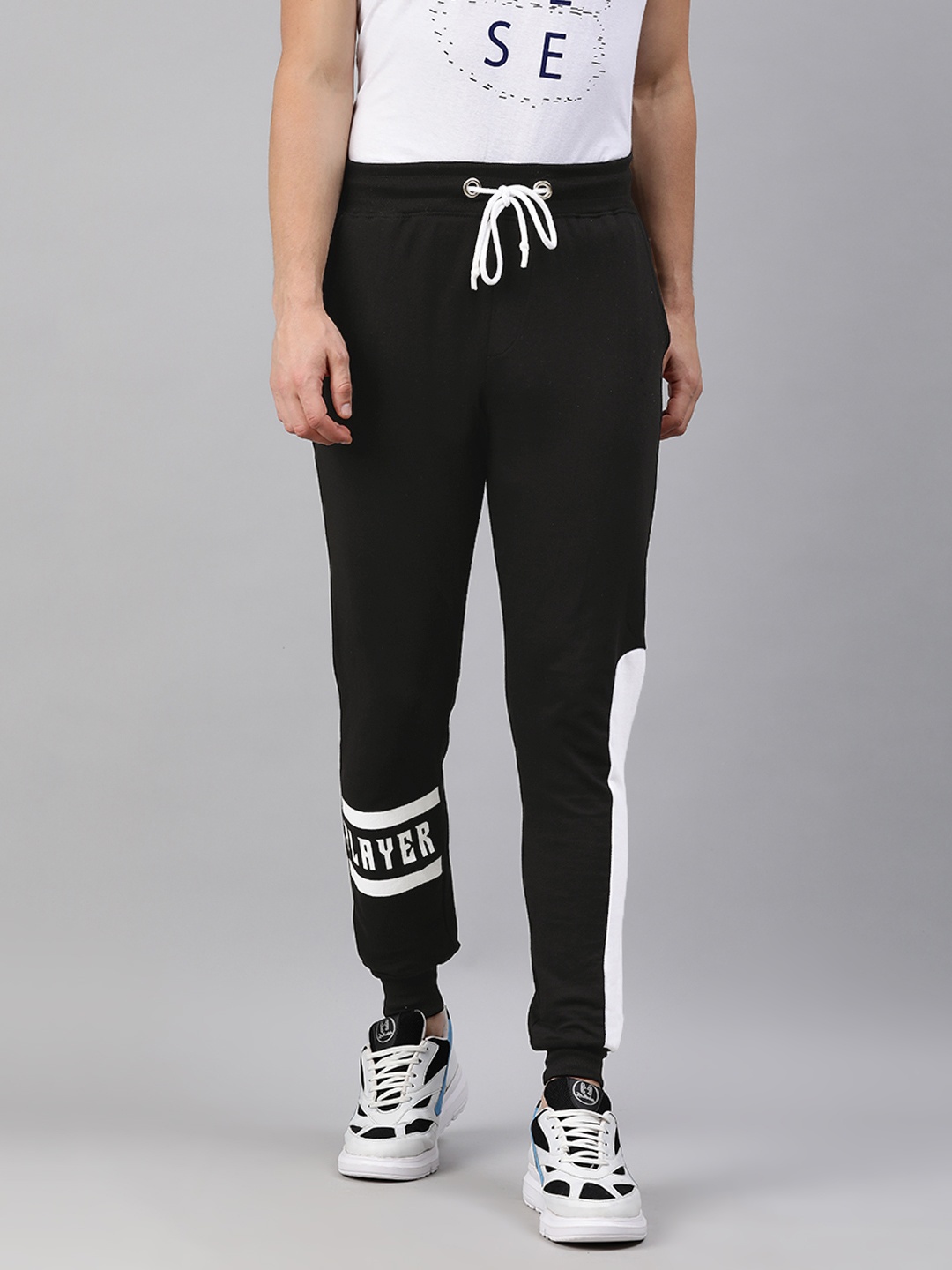 

abof Men Black & White Colourblocked Regular Fit Joggers with Printed Detail