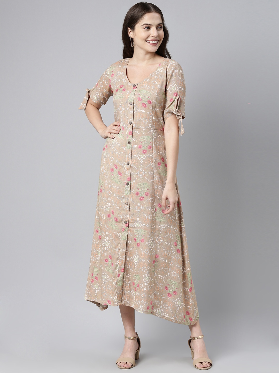 

AHIKA Brown & Pink Floral Print A-Line Midi Dress