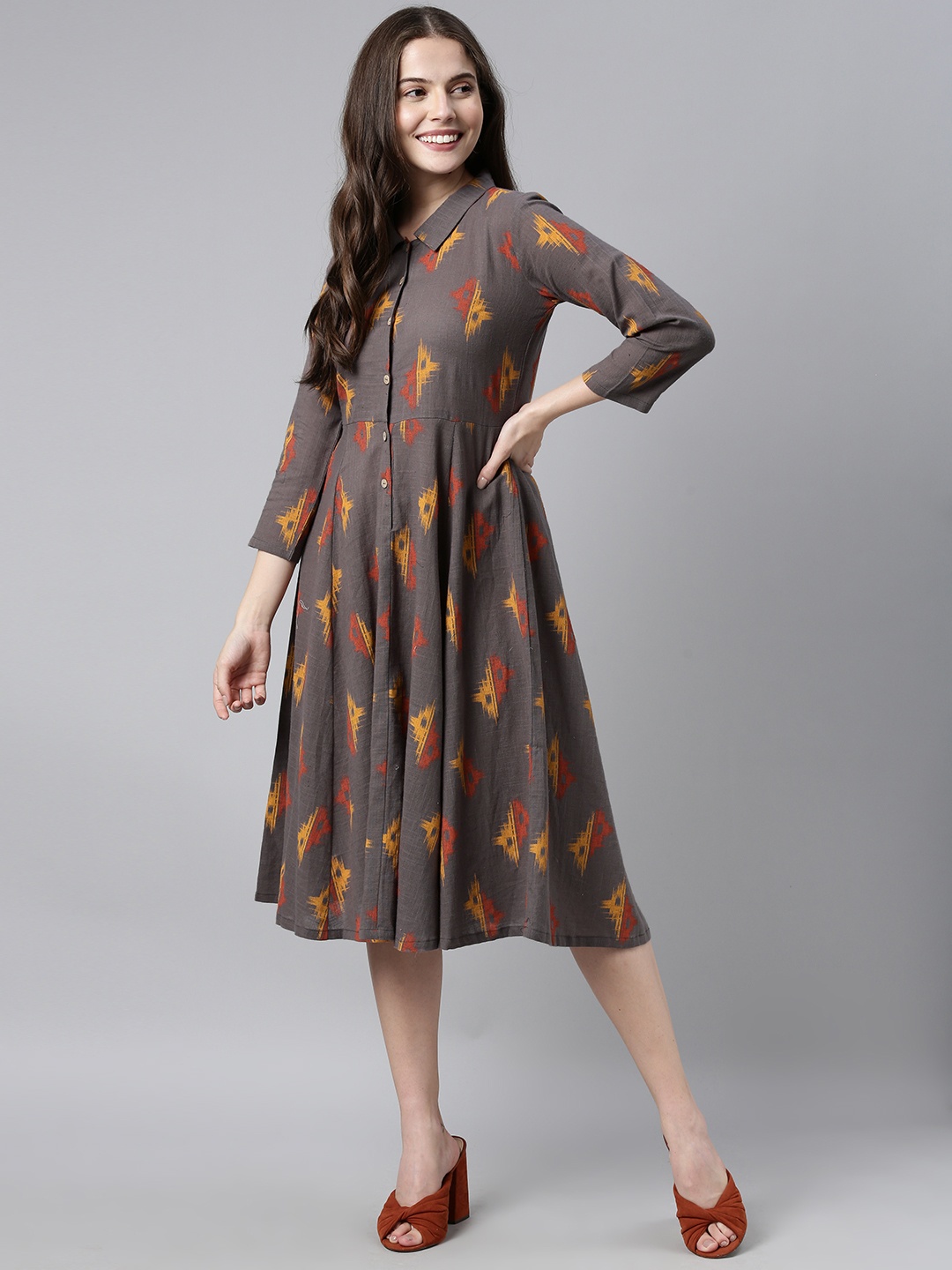 

AHIKA Women Grey & Red Printed A-Line Dress