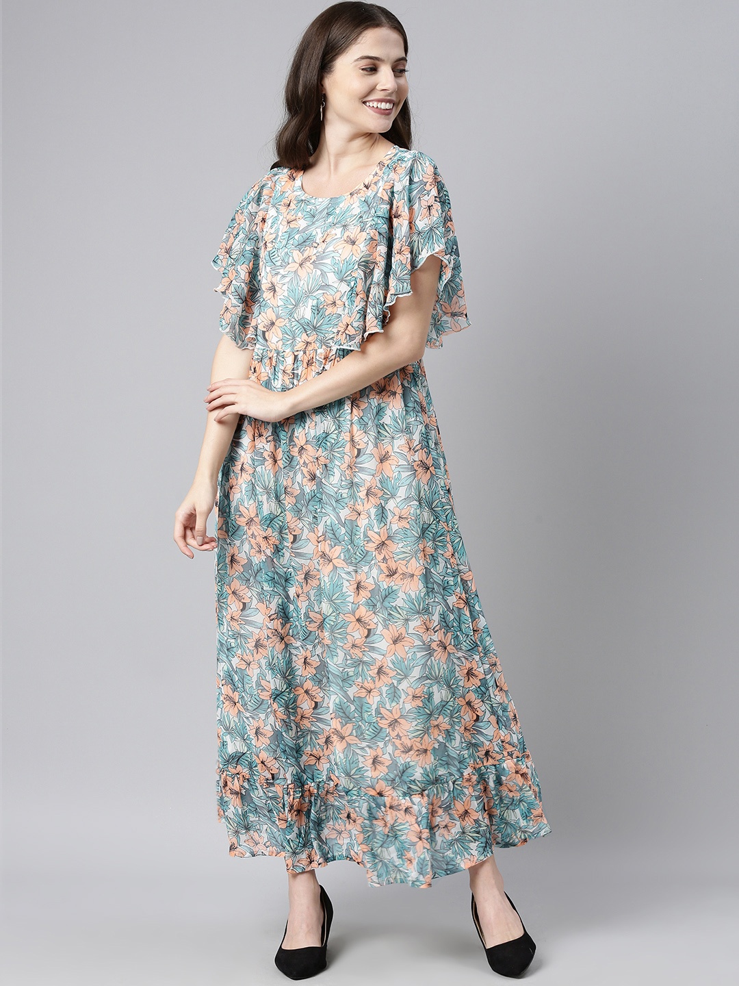 

AHIKA Women White & Blue Floral Print Chiffon Maxi Dress