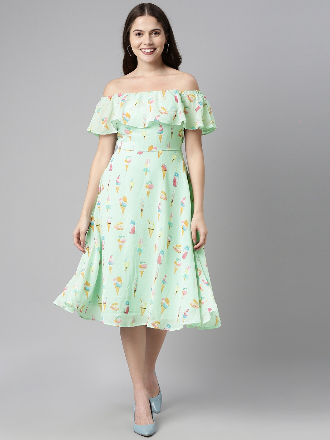 

AHIKA Green Off-Shoulder Georgette A-Line Dress