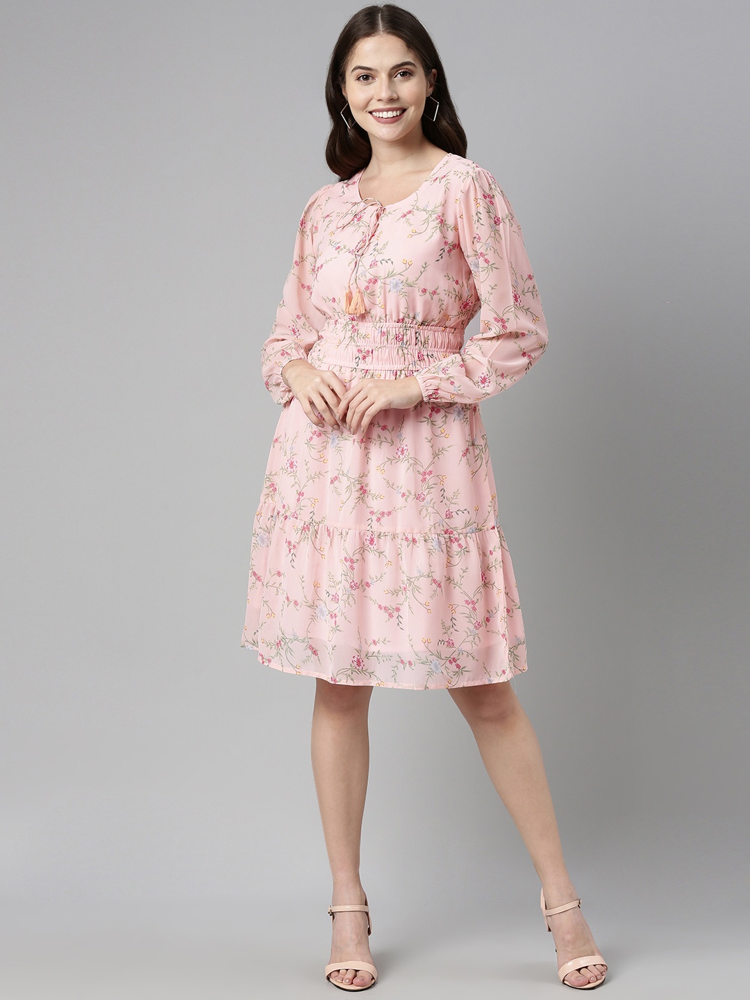 

AHIKA Pink & Green Floral Tie-Up Neck Georgette Dress