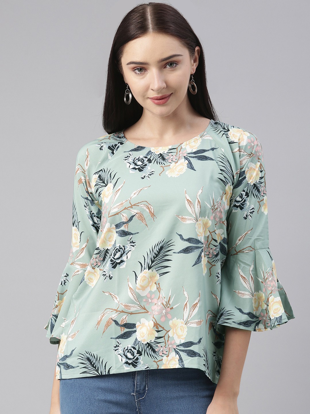 

AHIKA Green & Cream-Coloured Floral Bell Sleeve Georgette Regular Top