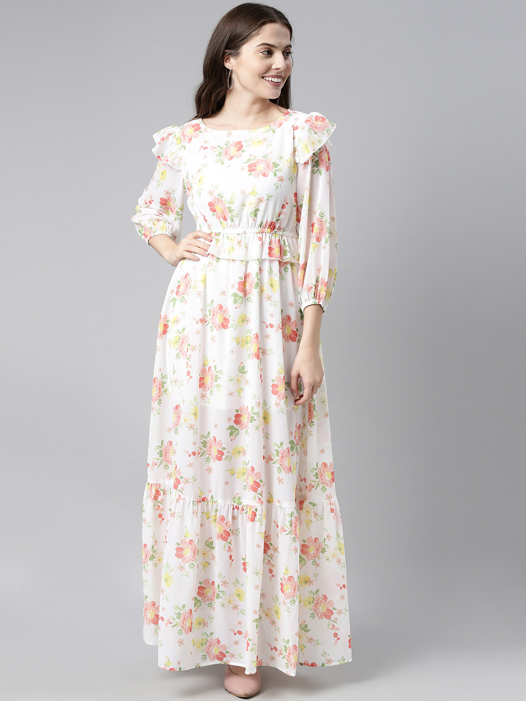 

AHIKA White Floral Georgette Maxi Dress
