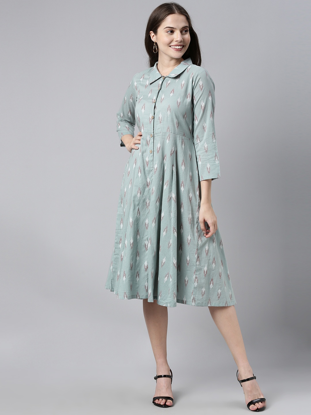 

AHIKA Women Teal Green Printed Shirt Style Dress