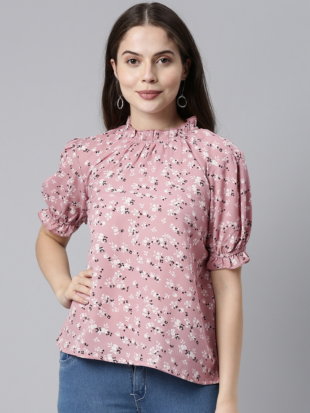 

AHIKA Pink & White Floral Puff Sleeve Georgette Regular Top