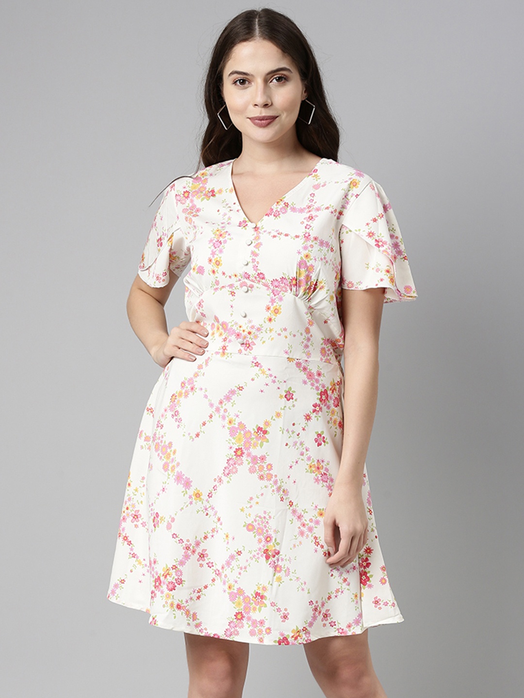 

AHIKA White Floral Crepe Dress