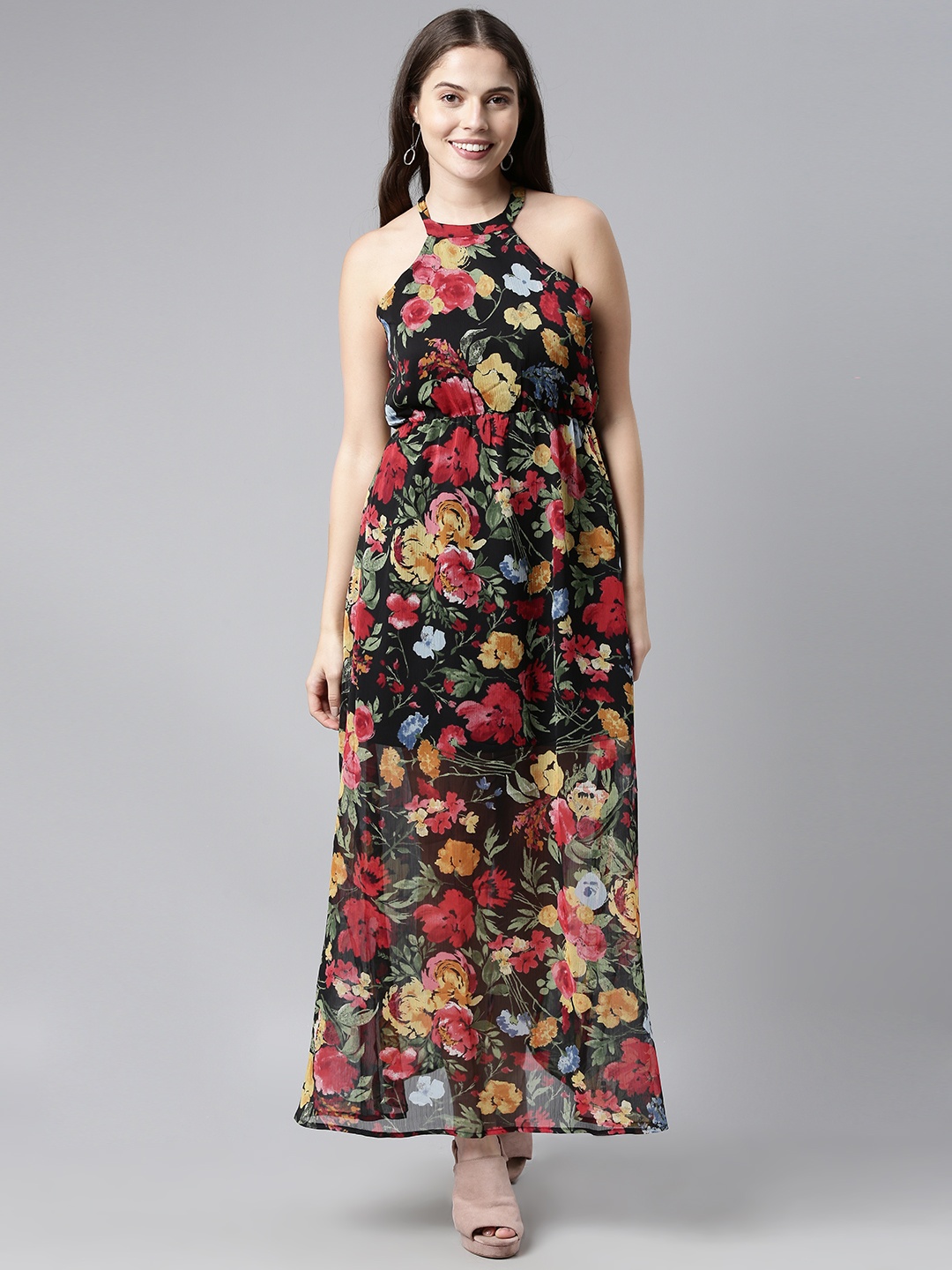 

AHIKA Women Black Floral Print Halter Neck Georgette A-Line Dress