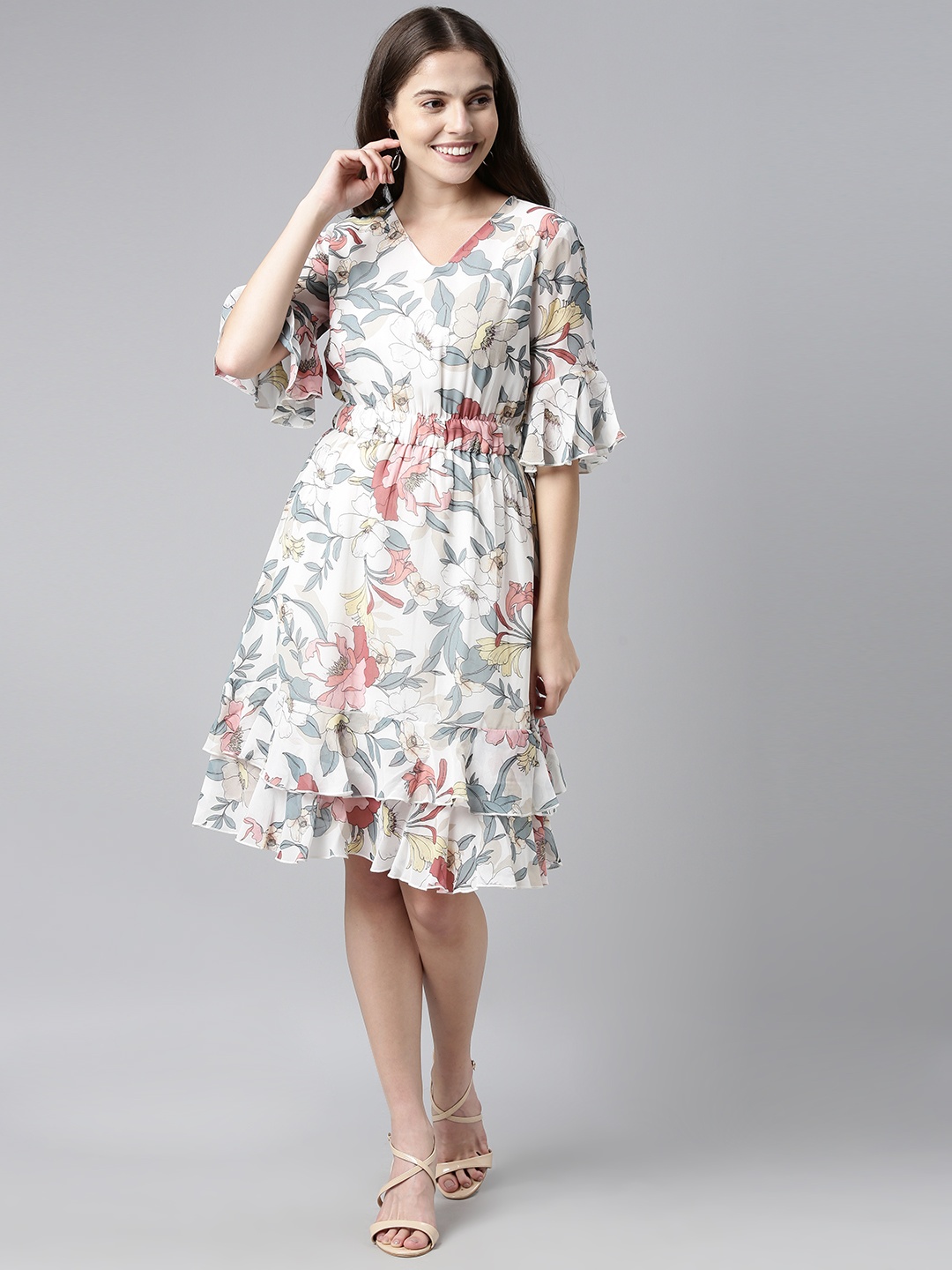

AHIKA Women White Floral Print Georgette Fit &Flare Dress