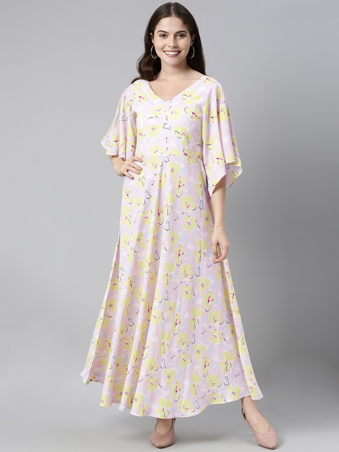 

AHIKA Women Pink & Yellow Floral Print Georgette A-Line Dress