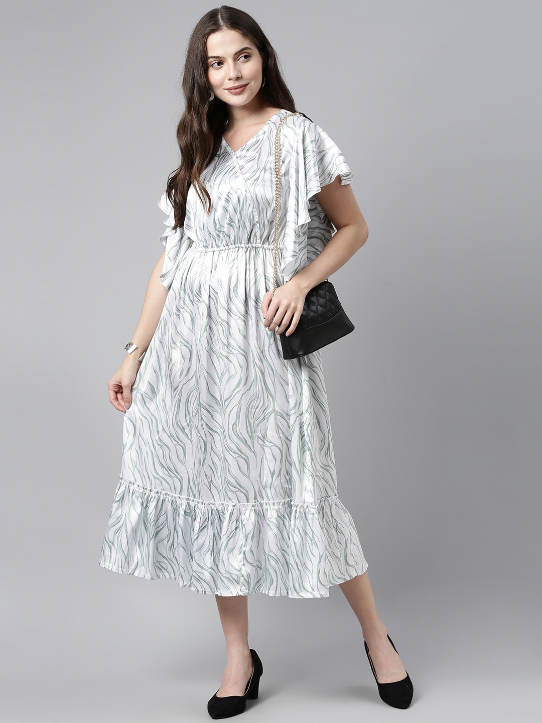 

AHIKA White & Green Printed Flared Sleeve Flounce Hem Wrap Satin Midi Dress
