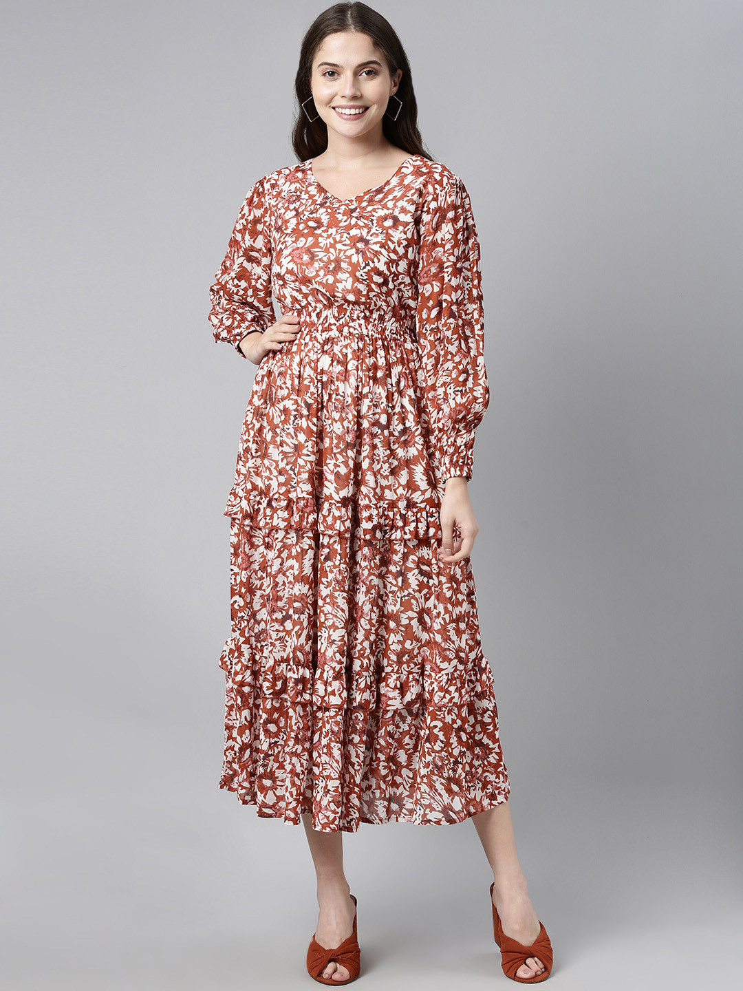 

AHIKA Women White & Brown Floral Print Georgette Tiered Midi Dress
